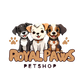 Logo of Royal Paws Petshop with cartoon dogs and text on a white background